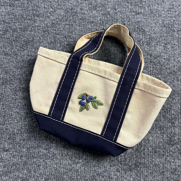 L.L. Bean Handbags - L.L.Bean Boat And Tote Bag Mini Natural Navy Canvas Blueberry Embroidered USA